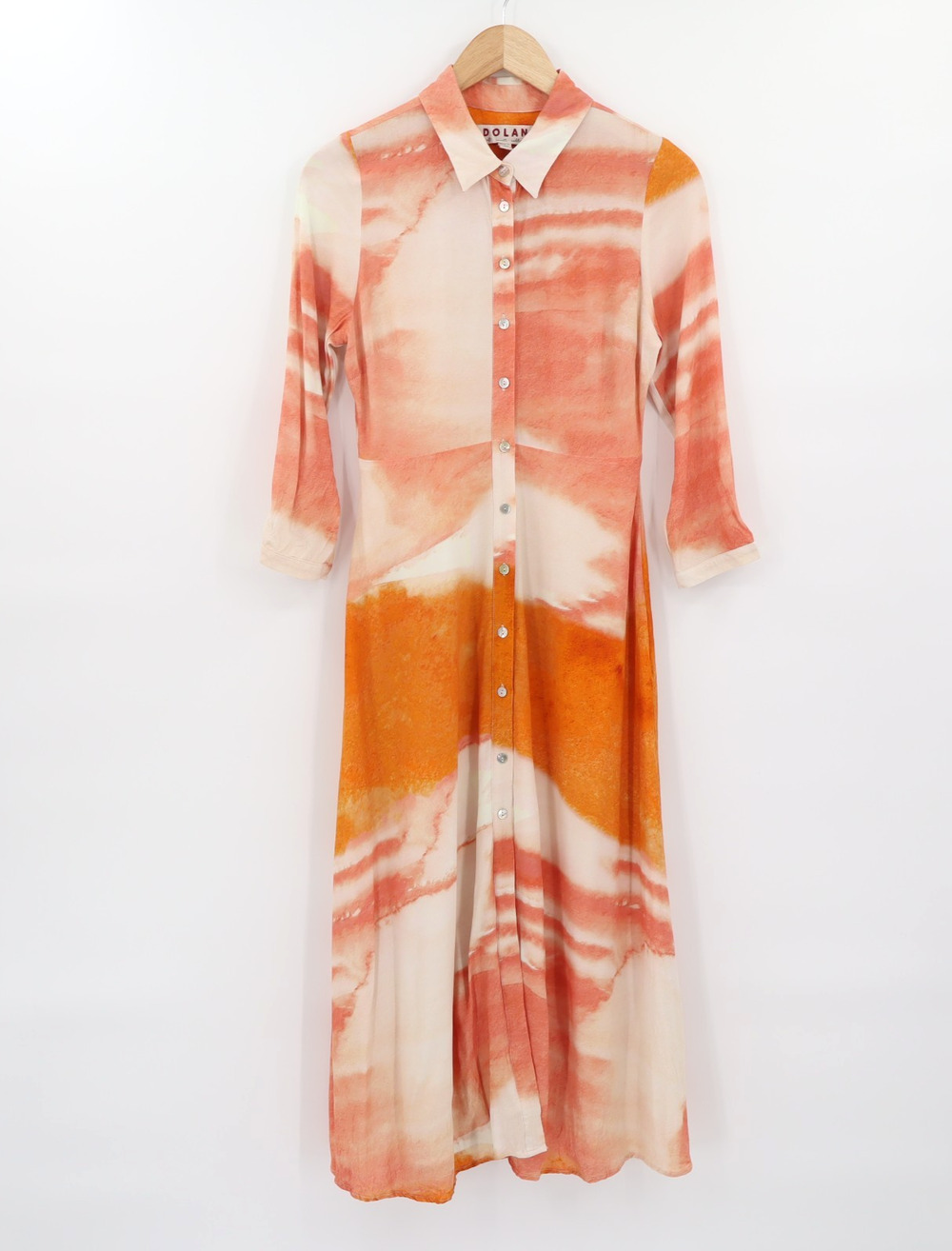 Anthropologie Dolan Coral Watercolor Sz 2 Maxi Shirtdress 3/4 Sleeve Resortwear